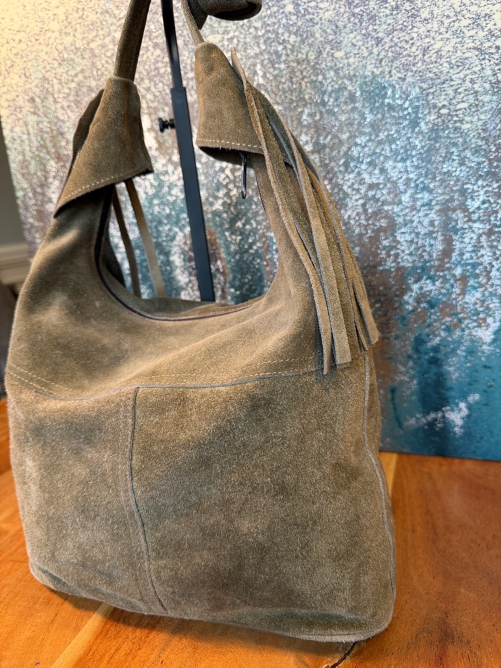 Vintage Boho Western Suede Leather Fringe Shoulder Bag Olive Green - Picture 5 of 17